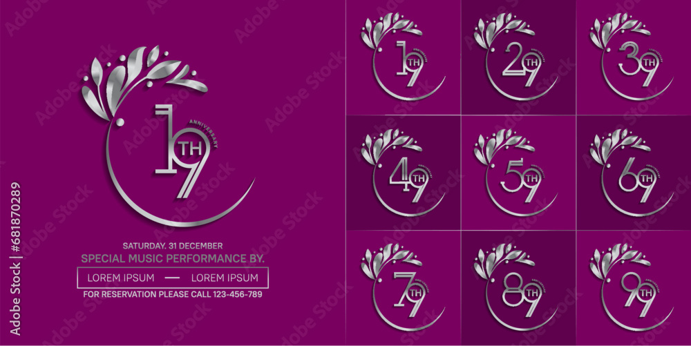 set of anniversary logotype silver color with swoosh and ornament for special celebration event