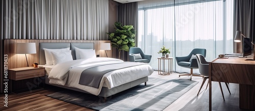 The luxurious hotel room showcased a modern interior design, with a spacious layout and comfortable furniture, offering guests a cozy home-like experience. The large window allowed natural light to photo