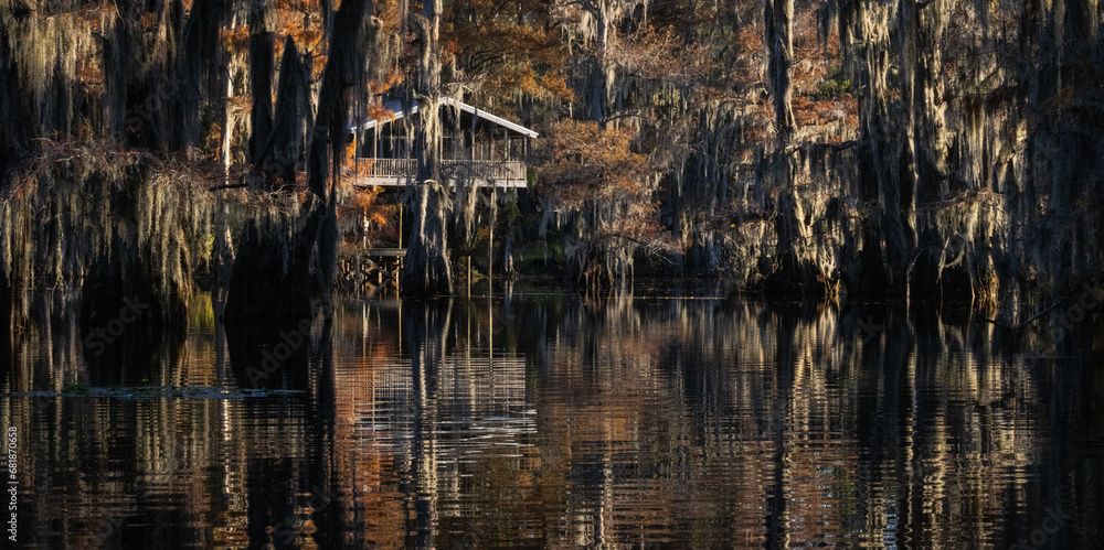 Caddo Lake is a bayou in east Texas filled with cypress trees with needles that turn red, yellow and orange in the fall. When the trees are backlit, the Spanish Moss glows. Caddo Lake is a bayou in east Texas filled with cypress trees with needles that turn red, yellow and orange in the fall. When the trees are backlit, the Spanish Moss glows.