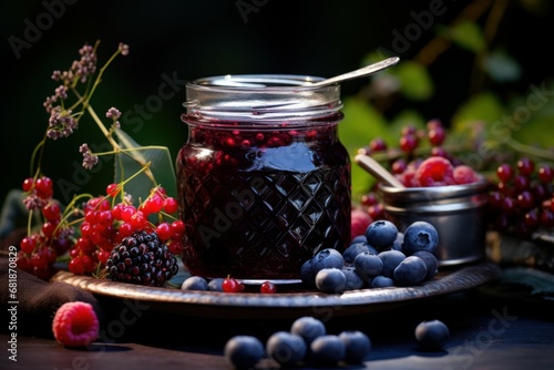 Homemade Jar wild berry jam. View spoon. Generate Ai