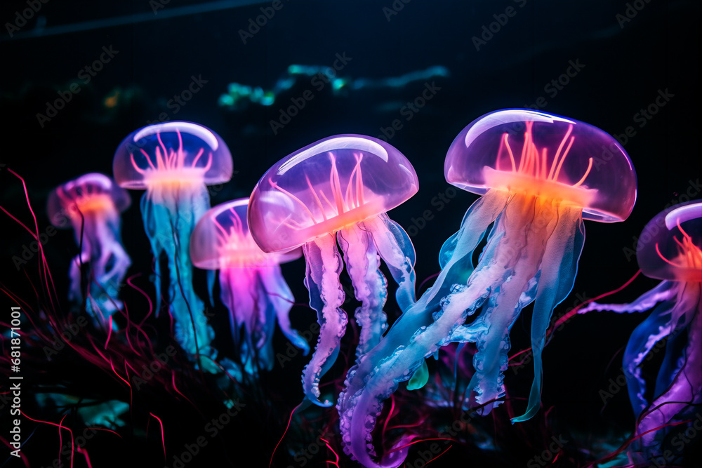 A mesmerizing sight: Numerous blue bioluminescent jellyfish gracefully swimming in the dark depths of the ocean. An impressive photo. A mesmerizing sight: Numerous blue bioluminescent jellyfish gracefully swimming in the dark depths of the ocean. An impressive photo.