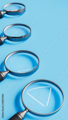 Four magnifying glasses on blue stage, search and find theme, 3d rendering