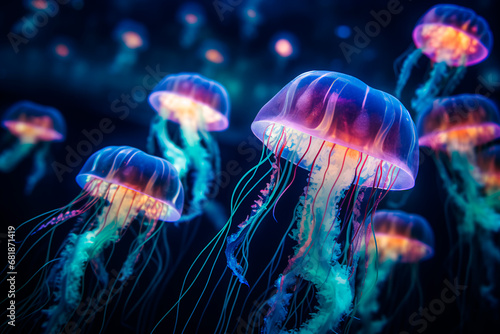 A mesmerizing sight: Numerous blue bioluminescent jellyfish gracefully swimming in the dark depths of the ocean. An impressive photo. © Uliana