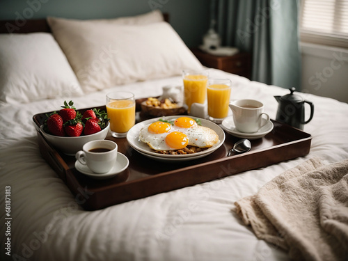 Breakfast with croissant and coffee, Breakfast in bed, Tray with food on the bed inside a bedroom,
