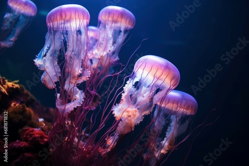 Luminescent Jellyfish glowing pink underwater color. Flower deep. Generate AI © juliars