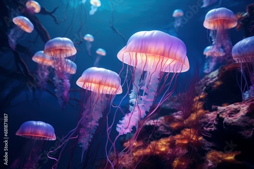 Captivating Jellyfish glowing pink underwater color. Flower deep. Generate AI © juliars