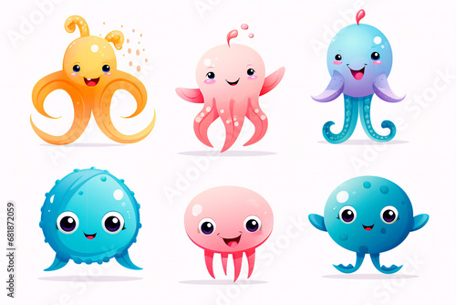 Adorable marine animal collection: Narwhal, hammerhead, stingray, crab, fish, starfish, jellyfish, seahorse. Isolated on white background. Sea and ocean fauna. Cartoon vector illustration.