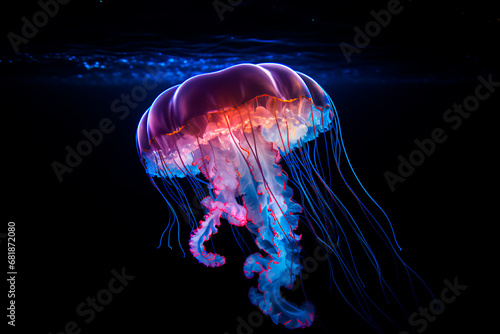 Bioluminescent jellyfish in the ocean's depths, radiating an otherworldly glow in the darkness.