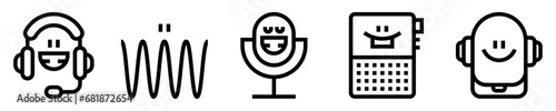 Conjunto de iconos de podcast. Trasmisión en línea, entrevista. Auriculares, ondas, micrófono, grabadora de voz, teléfono móvil. Ilustración vectorial