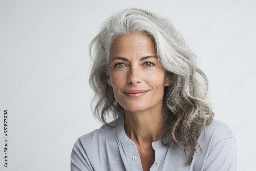 Portrait of smiling senior woman with grey hair looking at camera. Portrait of smiling senior woman with grey hair looking at camera.