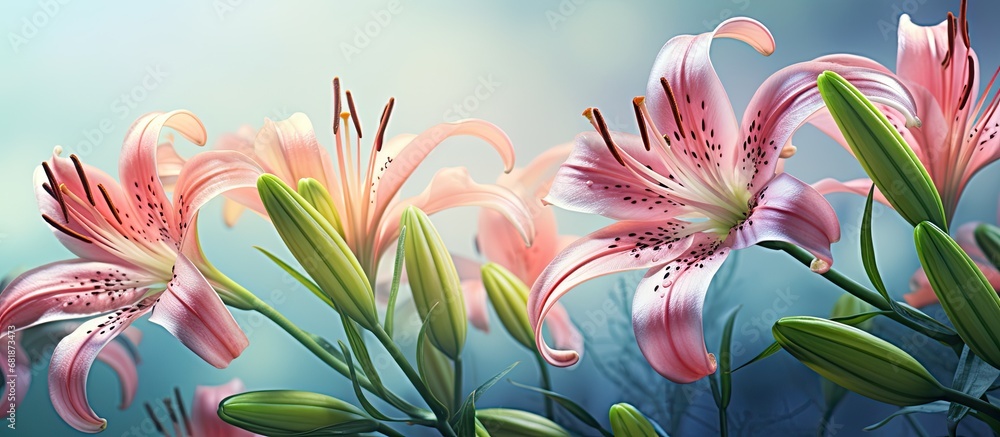 In the tropical garden, a stunning floral display unfolded, as the pink Asiatic lilies bloomed, their vibrant petals adorned with spotted stains and delicate spots, while the filaments and anther of - obrazy, fototapety, plakaty 