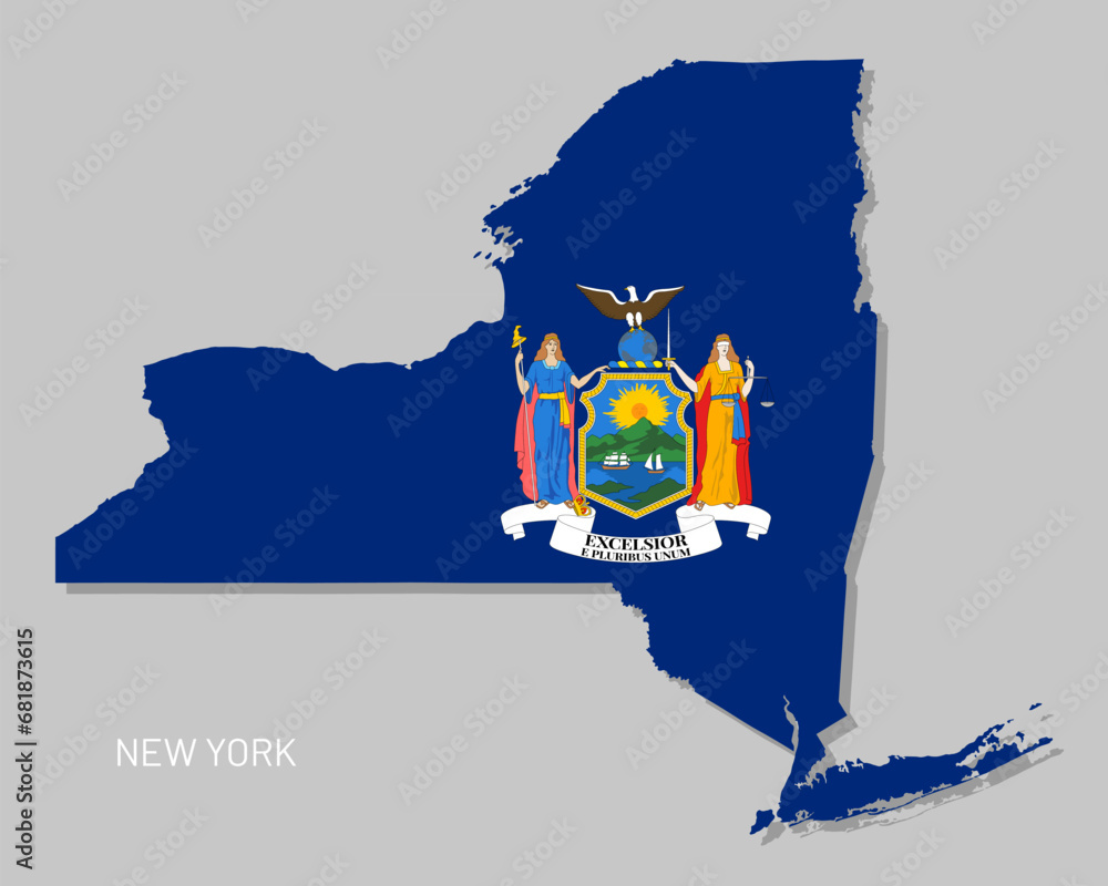 Map of New York USA federal state with flag inside. Highly detailed map