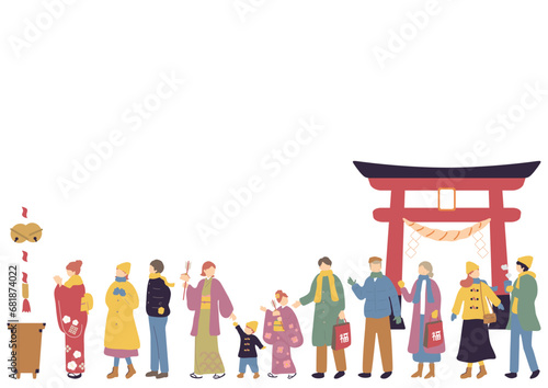 初詣の列に並ぶ人達