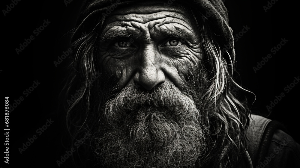 Black and white portrait of a grizzled old fisherman - obrazy, fototapety, plakaty 