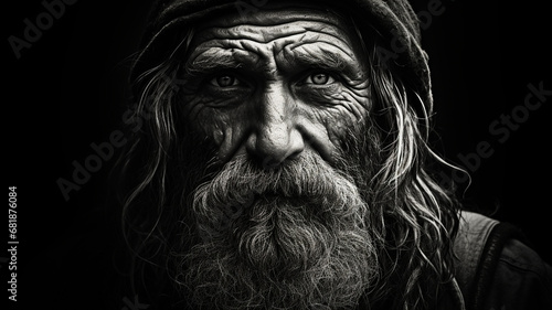 Black and white portrait of a grizzled old fisherman photo