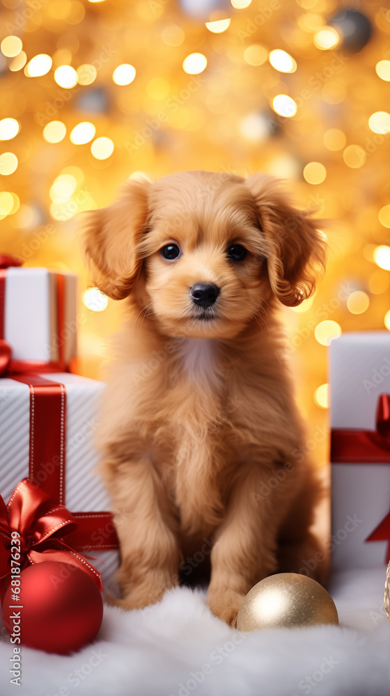 Adorable puppy with christmas decoration and presents,  xmas and New Year holiday concept