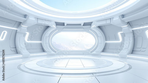 Futuristic technology white empty space, podium, stand, display scene for show product in futuristic style, white spaceship interior mockup