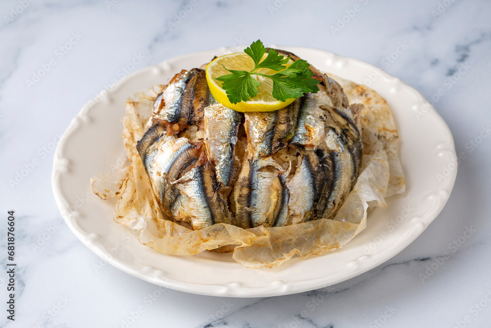 Anchovy pilaf (hamsi pilav), Turkish cuisine, Black Sea specialty (Turkish name; hamsili pilav) Anchovy pilaf (hamsi pilav), Turkish cuisine, Black Sea specialty (Turkish name; hamsili pilav)