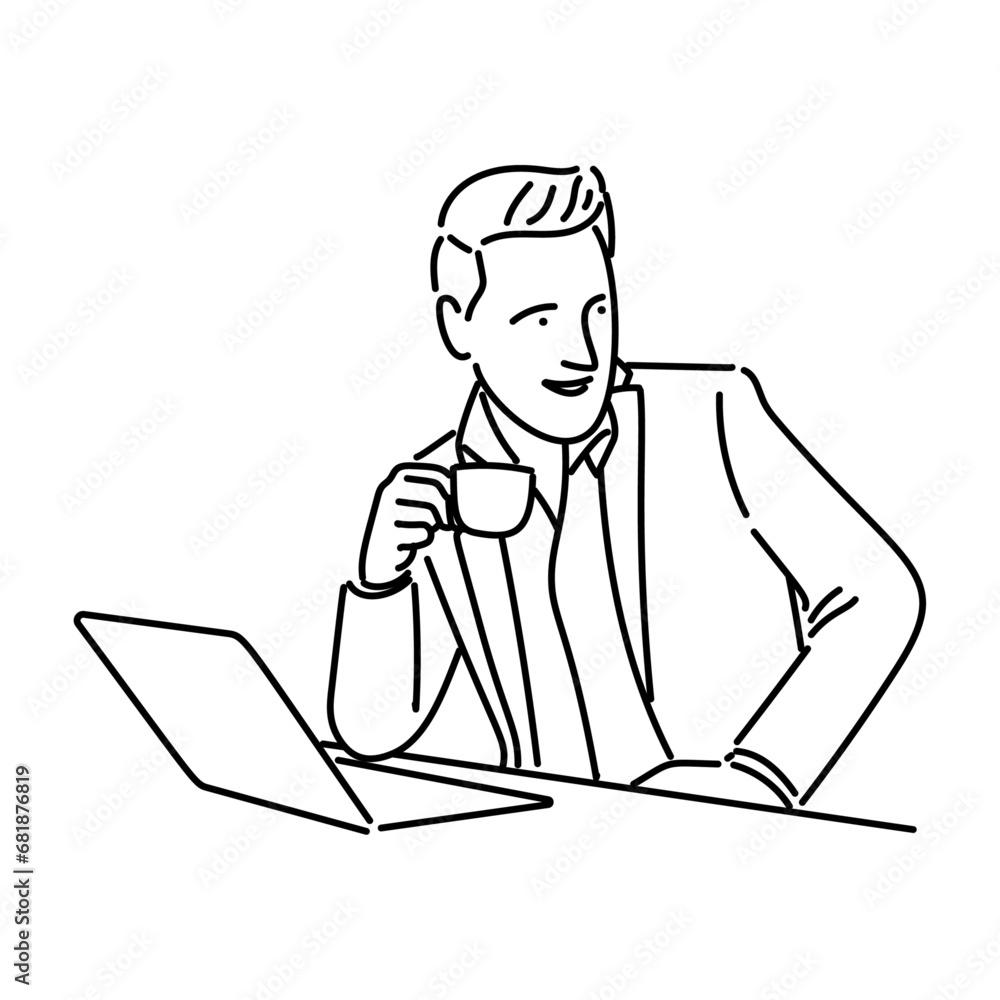 Businessman with laptop and drinking cup of coffee. Vector illustration in outline style.