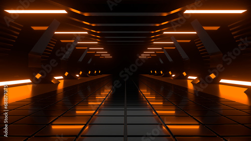 Sci Fi neon glowing lines in a dark tunnel. Reflections on the floor and ceiling. 3d rendering image. Abstract glowing lines. Technology futuristic background.