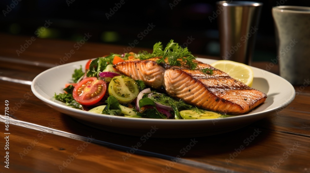 At the restaurant, the customer ordered a healthy plate consisting of grilled salmon, freshly harvested vegetables, and a zesty lemon salad, indulging in a nutritious dinner that perfectly suited At the restaurant, the customer ordered a healthy plate consisting of grilled salmon, freshly harvested vegetables, and a zesty lemon salad, indulging in a nutritious dinner that perfectly suited