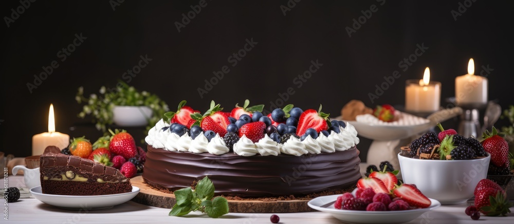 In an isolated white background, a table at the party was adorned with various delights - chocolate cake, white strawberry, fruit plate, and heavenly desserts, all representing the celebration of a