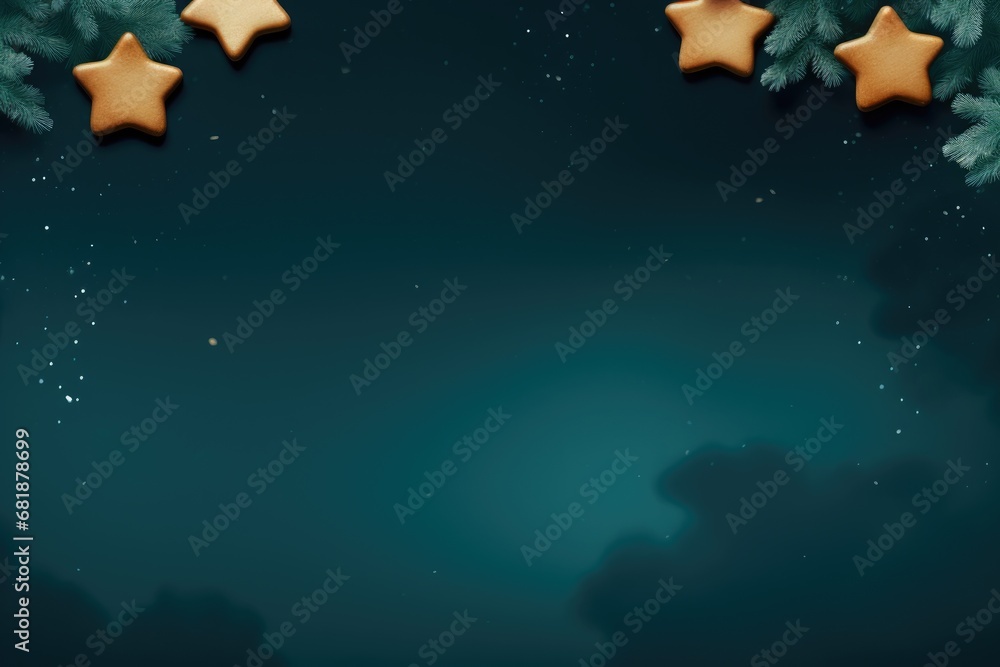 Many gingerbread cookies with fir tree branches on dark blue background. Traditional xmas cinnamon stars. Christmas greeting card. Holiday baking concept. Top view flat lay with copy space Many gingerbread cookies with fir tree branches on dark blue background. Traditional xmas cinnamon stars. Christmas greeting card. Holiday baking concept. Top view flat lay with copy space