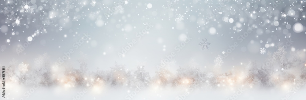 Snowfall on blurry forest background. Silver and gold abstract blurred bokeh lights and snow. Christmas and New Year holiday banner with copy space
