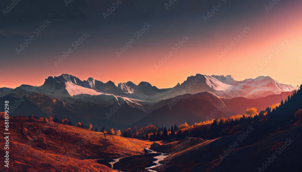 Beautiful panoramic photo of autumn mountain valley at sunset. A