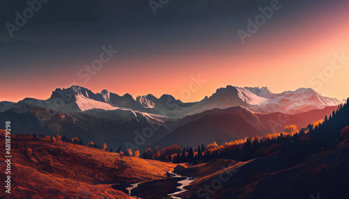 Beautiful panoramic photo of autumn mountain valley at sunset. A