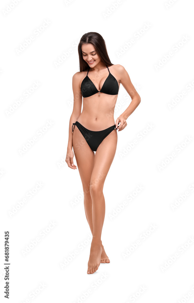 Young woman in stylish bikini isolated on white Young woman in stylish bikini isolated on white