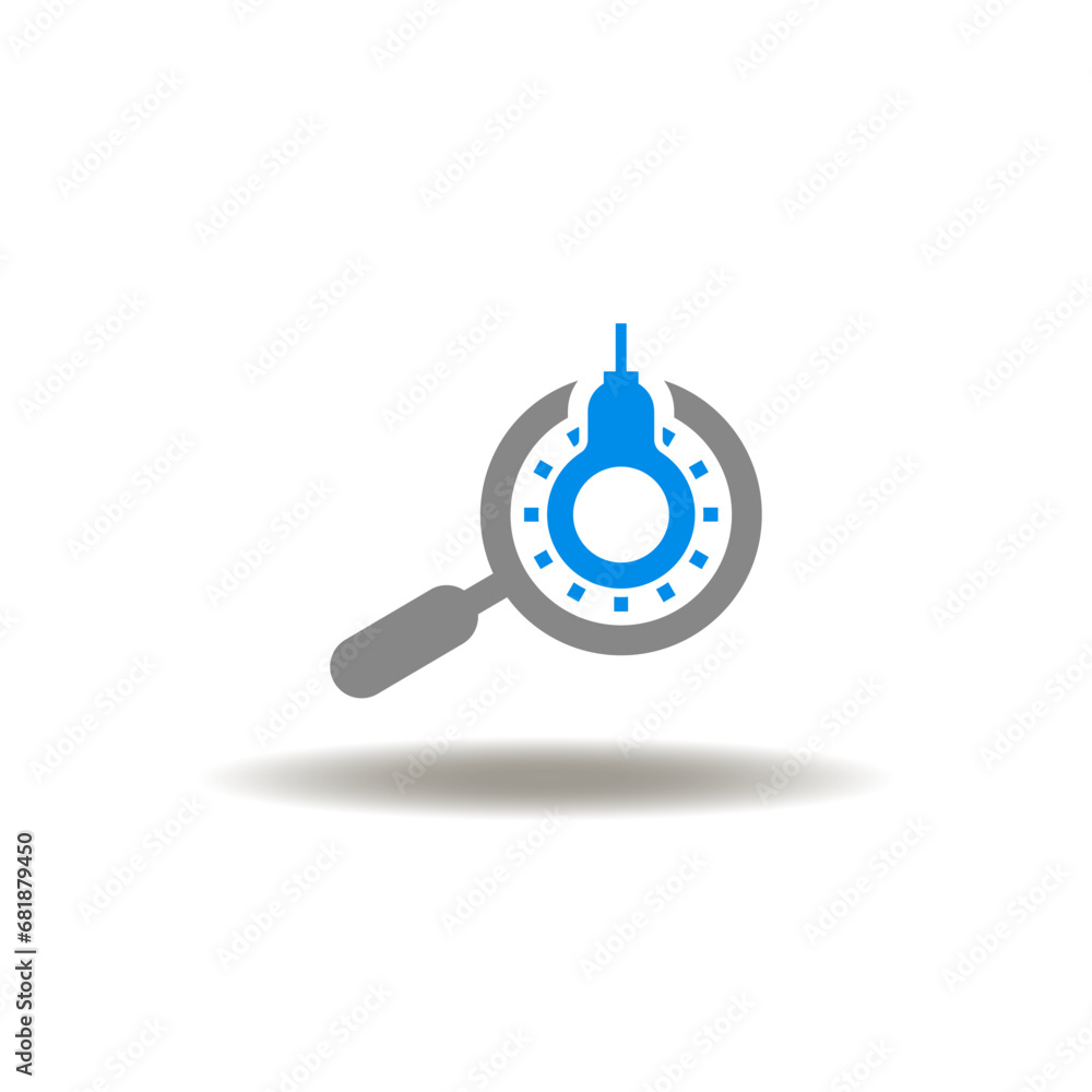 Vector illustration of magnifier and light bulb. Icon of idea search. Symbol of big idea formation. Vector illustration of magnifier and light bulb. Icon of idea search. Symbol of big idea formation.