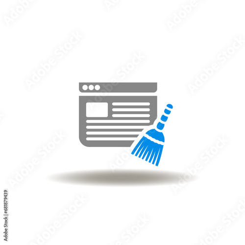 Vector illustration of website page and broom. Icon of clear cache. Symbol of caching. Sign of defragmentation, clearing cookies.