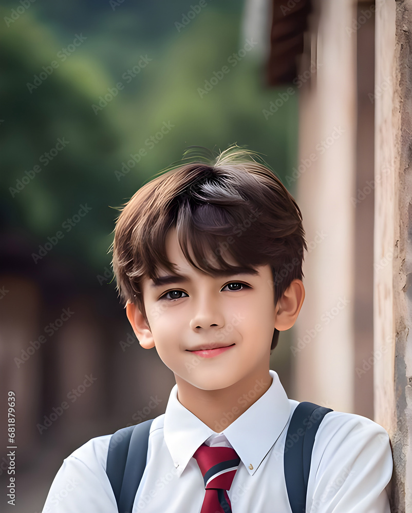Portrait of a adorable teenage schoolboy is wearing uniform on the road to the school, westerner, on cinematic background Portrait of a adorable teenage schoolboy is wearing uniform on the road to the school, westerner, on cinematic background