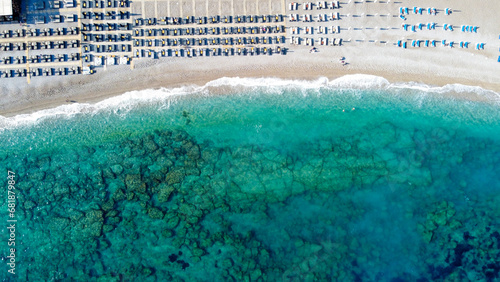 Aerial birds eye view photo taken by drone of Rhodes island town Elli beach a popular summer tourist destination, Dodecanese, Aegean, Greece