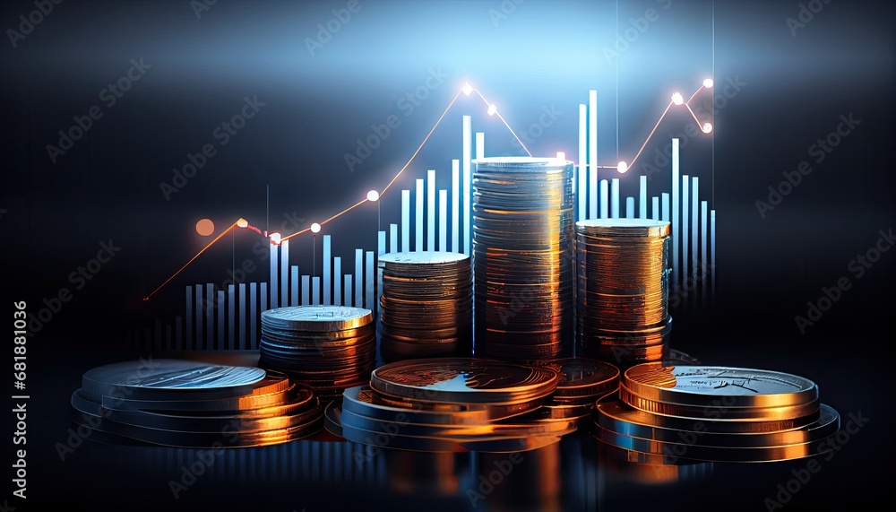 Stacks coin trading graph Financial investment success market stock technology currency report invest business money growth economy exchange bank chart finance statistic gold account analysis - obrazy, fototapety, plakaty 