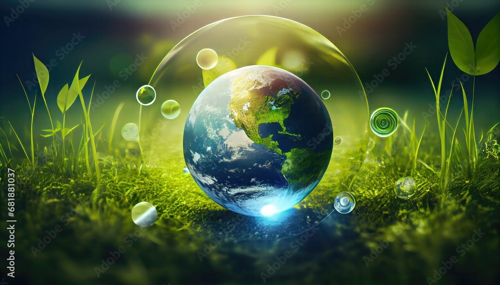 planet earth grass sunny background energy resources icon day saving concept development green business investment elements this image furnished nasa resource technology environment conservation - obrazy, fototapety, plakaty 