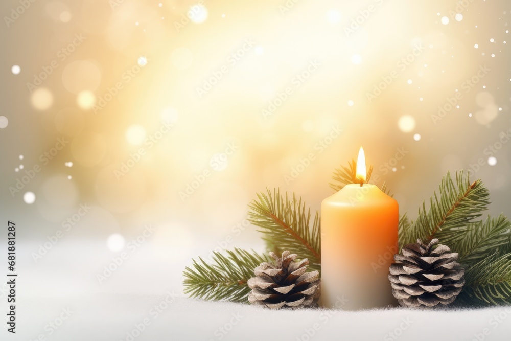 Flaming aroma candle with fir tree branches and pine cones  at snowy blurred golden background with bokeh lights. Abstract festive backdrop. Christmas eve  or New Year card, banner with copy space