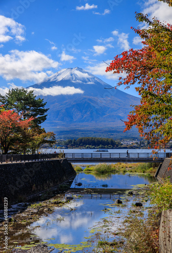 紅葉の川口湖畔から望む冠雪の霊峰富士