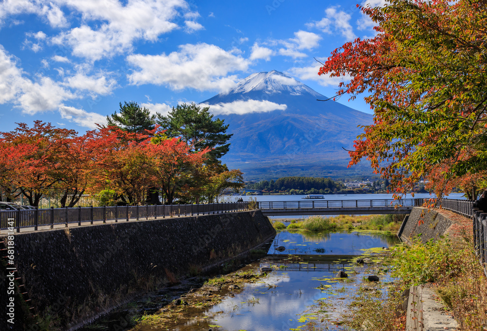 紅葉の川口湖畔から望む冠雪の霊峰富士