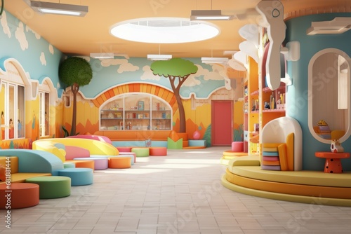 Playful Kindergarten interior room. Color indoor. Generate Ai photo