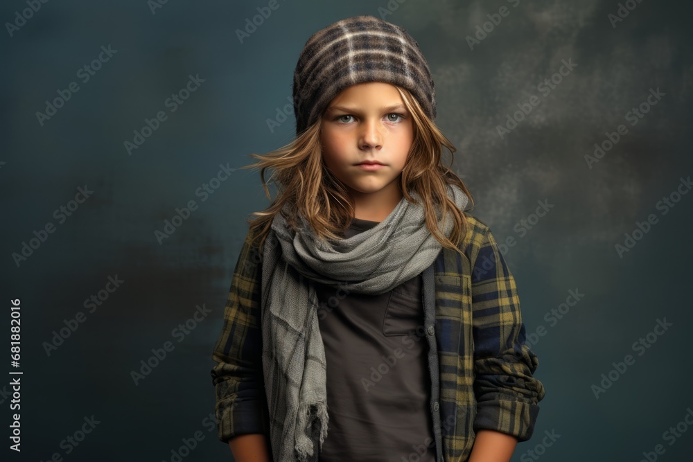 Portrait of a sad little girl in a warm hat and scarf. Studio shot. Portrait of a sad little girl in a warm hat and scarf. Studio shot.