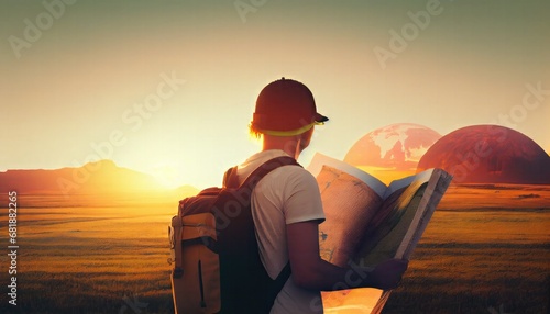 Young tourist traveling studying world map sunset Travel tourism vacation explore sport concept holiday maker journey direction discovery searching active adventure attractive backpack backpacker photo