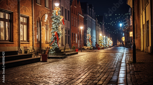 Night. Winter  christmas  christmas decoration. A colorful brick street lined with row houses  photo-realistic landscapes  traditional street scenes  colorful woodcarvings  delicate colors...