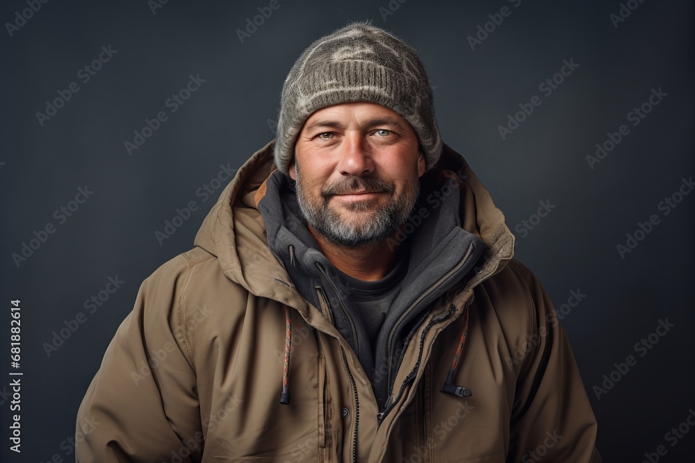 Portrait of a bearded man in a winter jacket and hat.