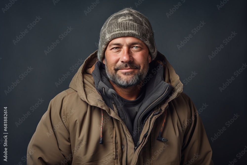 Portrait of a bearded man in a winter jacket and hat. Portrait of a bearded man in a winter jacket and hat.