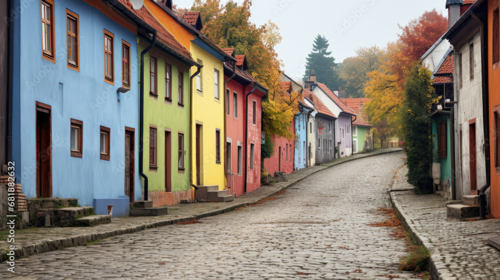 Fototapeta premium a colorful brick street lined with row houses, misty atmosphere, landscapes, traditional street scenes, colorful woodcarvings, delicate colors.