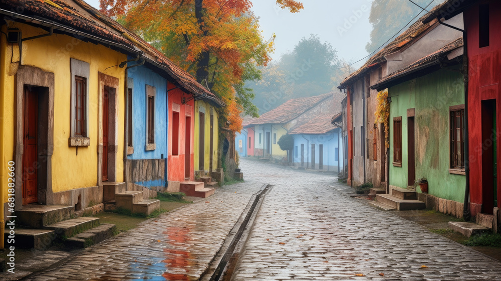 Raining. A colorful brick street lined with row houses, misty atmosphere, landscapes, traditional street scenes, colorful woodcarvings, delicate colors.
