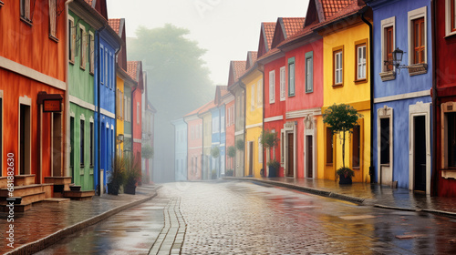 a colorful brick street lined with row houses, misty atmosphere, landscapes, traditional street scenes, colorful woodcarvings, delicate colors.