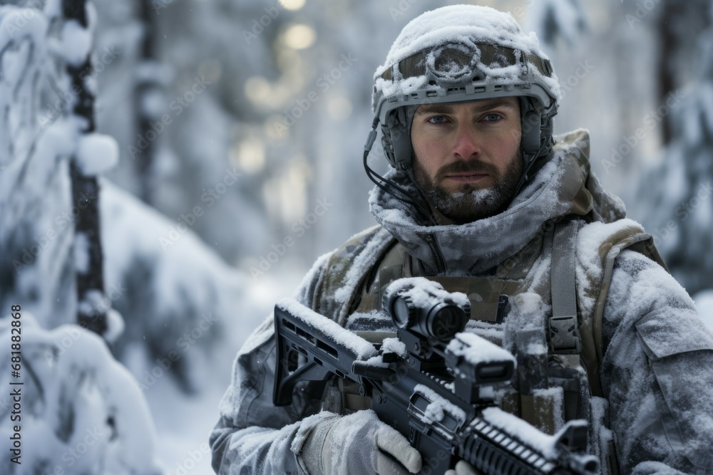 A soldier in a snowy winter at war. Portrait with selective focus and copy space for text A soldier in a snowy winter at war. Portrait with selective focus and copy space for text